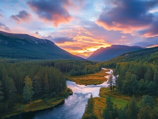 Fototapeta premium Breathtaking sunset over river valley nature landscape photography serene environment aerial view tranquil beauty