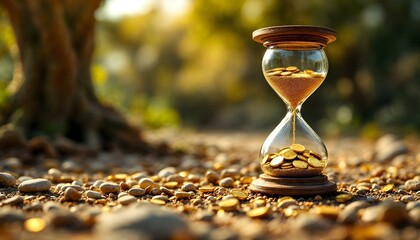 An hourglass and coins dispersed on the ground near a tree, depicting the concept of investment growth over time
