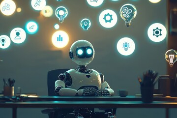 AI robot sitting at a desk with floating holographic idea bubbles