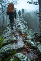 Backpackers Hike Misty Mountain Trail