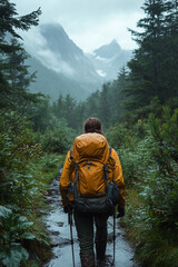 Solo hiker trekking through a rainy mountain forest