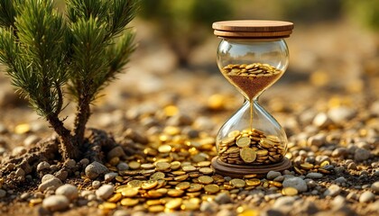 An hourglass and coins on the ground near a tree, illustrating the concept of investment growth over time