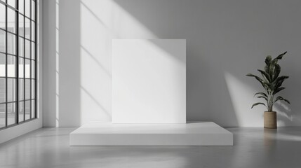 Minimalist White Room Interior with Blank Canvas Plant and Sunlight Mockup