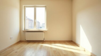 Fototapeta premium Sunlight streams into an empty room with light hardwood floors and a radiator under a large window.