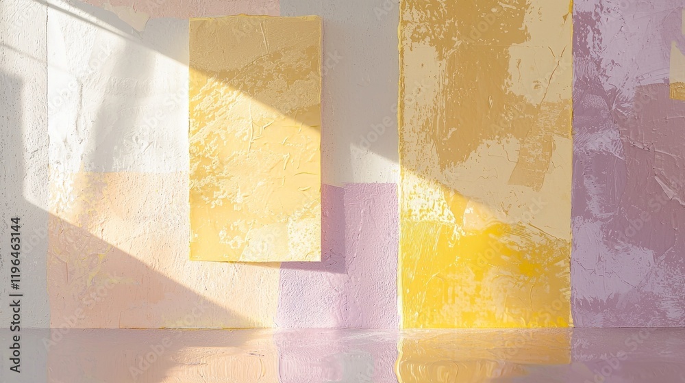Poster soft butter yellow rectangles are arranged against a textured wall, reflecting gentle light in a cal