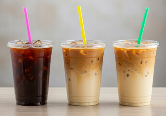 A trio of iced coffee drinks in transparent cups with straws, each displaying different amounts of milk and cream