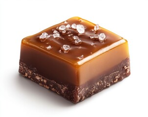 Deliciously Rich Caramel Square with Sea Salt Crystals on Top, Perfectly Crafted Sweet Treat on a White Background for Desserts and Food Photography