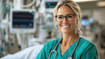 smiling nurse in scrubs with stethoscope in hospital setting