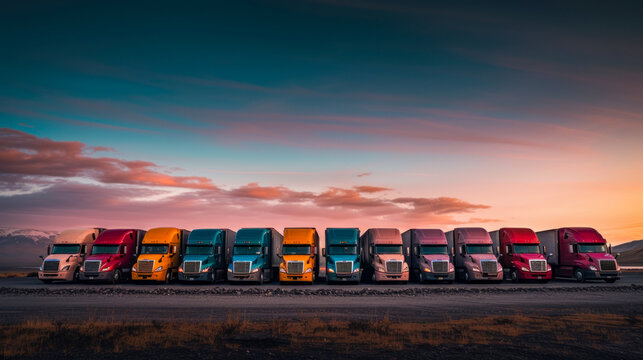 Semi Trucks Lined Up at Sunset on a Paved Lot