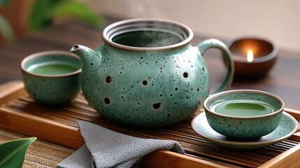 Steaming tea, pottery, tray, zen, calm, indoor, relaxation, spa