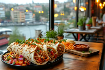 Fototapeta premium Delicious Chicken Wrap Served on a Wooden Table in an Urban Cafe Setting