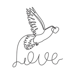 Pigeon love concept one line art, fellings flies concept continuous contour drawing,hand-drawn Valentine's day decoration.Romance,engagement and marriage symbol. Editable stroke.Isolated.Vector 
