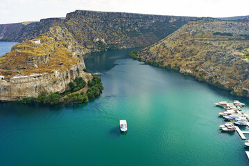 Tourism business in Turkey: conducting excursions on the Euphrates. Aerial view of the colorful...