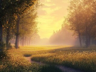Fototapeta premium Golden hour serenity a tranquil meadow scene in nature's embrace captured during sunset for peaceful reflection