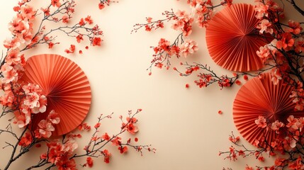 Elegant paper fans in red and gold, adorned with floral patterns, placed on a simple cream-colored background, creating a soft yet elegant look.