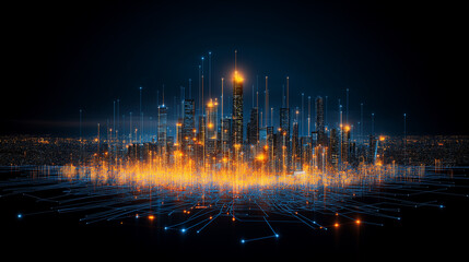 Fototapeta premium Cityscape of Tomorrow: A mesmerizing cityscape rendered in digital art, illuminated by warm golden lights, connected by glowing lines.