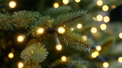 Warm Christmas Lights on Evergreen Tree Branches