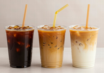 A trio of iced coffee drinks in transparent cups with straws, each displaying different amounts of milk and cream