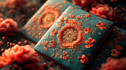 Soft Green Envelopes traditional Chinese red envelopes with intricate gold embroidery and patterns displayed against a soft green background, with a realistic, high-definition texture.