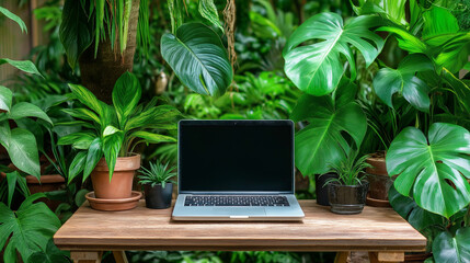 Laptop in Lush Garden: A modern laptop with a blank screen sits on a wooden table surrounded by a vibrant array of lush green tropical plants.  Perfect for showcasing remote work.