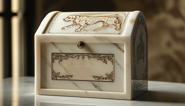 Personalized dog urn on elegant marble surface with copy space