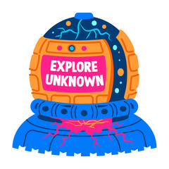 A flat sticker of futuristic robot head with the phrase explore unknown 

