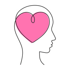 Head and heart one line art,hand-drawn enamored face continuous contour.Love feelings concept,festive design romantic element Valentine's Day simple minimalist design.Editable stroke.Isolated.Vector