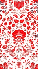 62. A Swedish fabric pattern featuring a combination of Scandinavian folk art and floral motifs in red and white