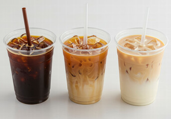 Three iced coffee beverages in clear cups with straws, showcasing different levels of milk and cream