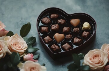 Elegant Heart-Shaped Box of Assorted Chocolates Surrounded by Fresh Roses on Textured Background Perfect for Romantic Occasions or Celebrations