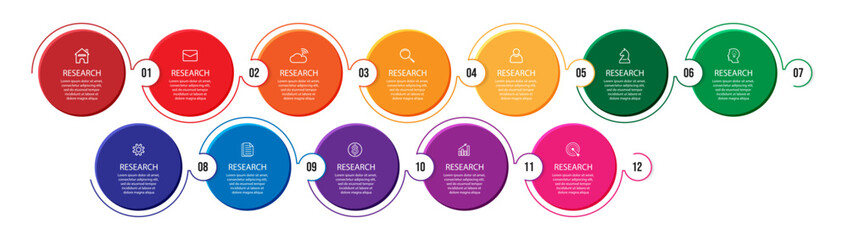 business infographic with 18 interconnected sections with additional number icons and colored lines
