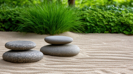 tranquil zen garden with raked sand and smooth stones creates serenity