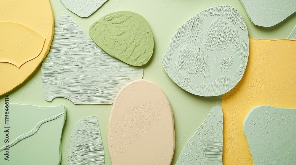 Poster soft pastel shades of green and yellow blend in a dynamic arrangement of textured shapes that evoke 