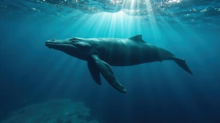 Naklejka premium Majestic Whale Gliding Through Sunlit Ocean Depths, a Serene Underwater Encounter