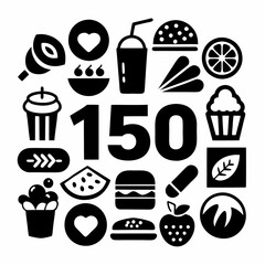 150 simple black and white icons represent various food and drink items with white background