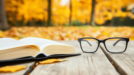 Autumnal Reading Retreat: An open book rests on a rustic wooden table, beckoning you to escape into a world of words, framed by the vibrant hues of an autumnal forest backdrop. 