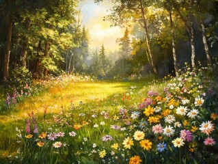 Obraz premium Vibrant flower meadow in forest clearing nature scene brightly lit environment tranquil viewpoint serenity concept