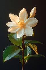 A Single Magnolia Blossom With Green Leaves Against A Dark Background