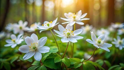 Fototapeta premium Delicate White Isopyrum thalictroides Spring Blossoms Close-Up in Forest