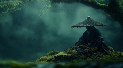 Serene Contemplation: An elderly man in traditional Asian garb, wearing a wide-brimmed conical hat, sits serenely amidst a mystical moss-covered forest, enveloped in a mysterious fog.