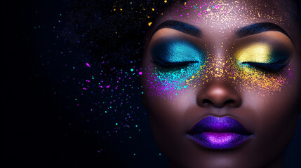 Sparkling Beauty: A close-up portrait of a woman with dark skin and  vibrant eye makeup in shades of teal, gold, and purple. Glitter particles dance around her face.
