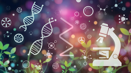 Biotechnology background with elements such as DNA strands, microscopes and molecular structures. Symbolizing the growth and success of technology.