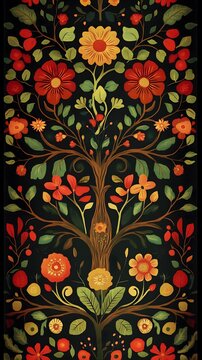 69. A Latvian folk art fabric pattern with stylized tree and flower motifs in earthy reds, greens, and yellows