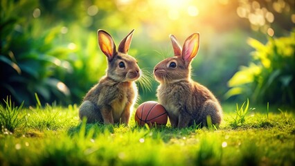 Fototapeta premium Double Exposure: Playful Bunnies & Basketball - Nature Meets Sport
