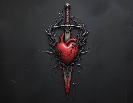 Una daga manchada de sangre y un coraz&oacute;n, intrincadamente entrelazados en un tatuaje g&oacute;tico oscuro