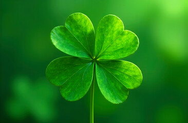 Lucky clover leaf on green blurred background,St. Patrick's Day,cultural and religious traditions of Ireland,gift card with quatrefoil for good luck,leaf texture,inimalist wallpaper