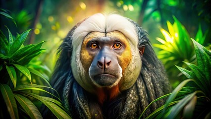 Double Exposure: White-faced Saki Monkey & Rainforest Canopy - Species Identification