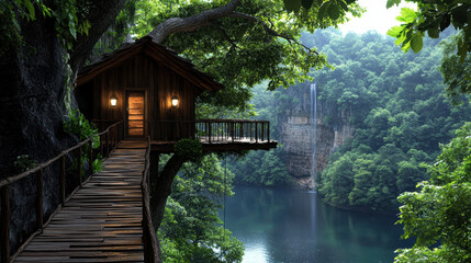 serene treehouse nestled in lush greenery by tranquil lake