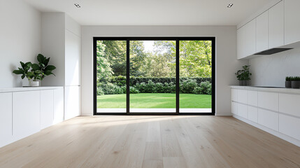 Bright and airy kitchen with large windows and beautiful view of greenery