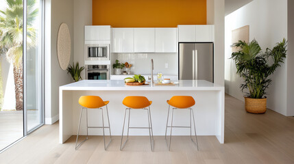 Fototapeta premium Bright kitchen with cheerful breakfast bar and vibrant orange accents